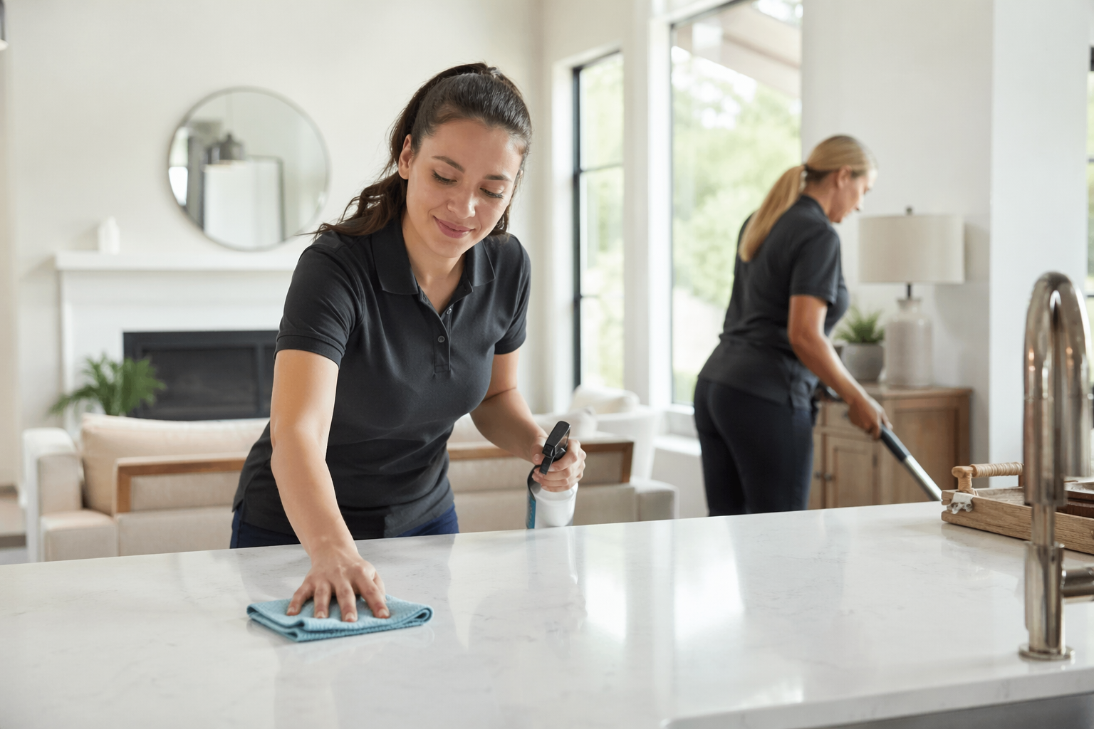 Sparkleaf cleaners working together in a bright living room